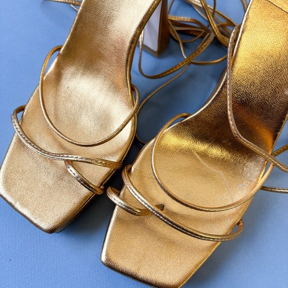 Jeffrey Campbell Metallic Gold Wrap Tie Sandal Platform Heels, 8 - Picture 9 of 10